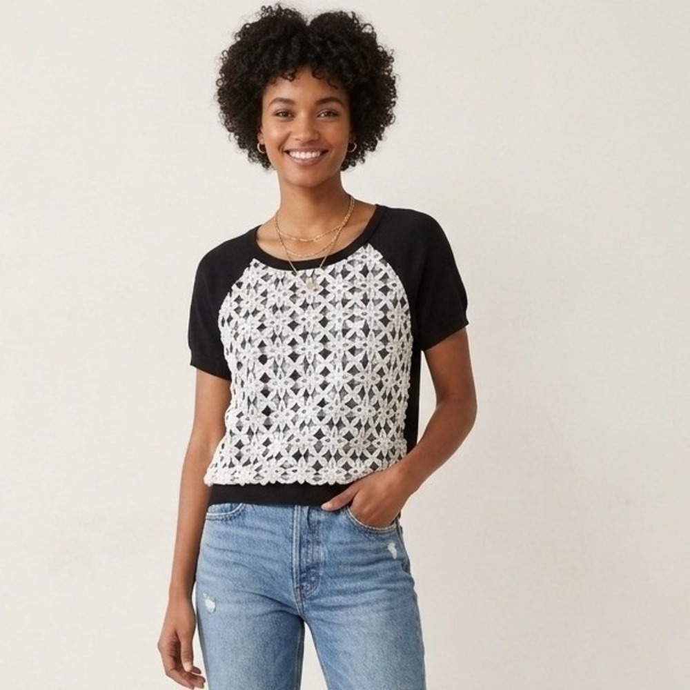 Moth Anthropologie Sweater Top Womens Large Black White Gingham Lace Crochet